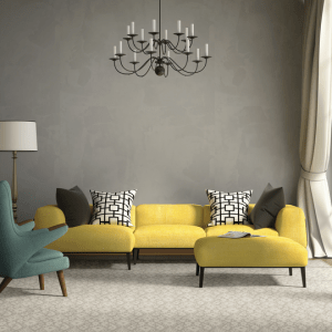 Cascade rug in room with yellow couch