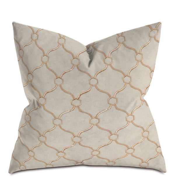 Beige and gold embroidered throw pillow
